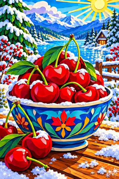 Close-up portrait view of a diamond painting kit showing bright red cherries in a white bowl, rendered in a layered papercut art style with deep shado