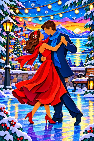 A diamond painting depicting a couple dancing intimately under a canopy of string lights on a sparkling winter day, rendered in a vibrant, layered pap