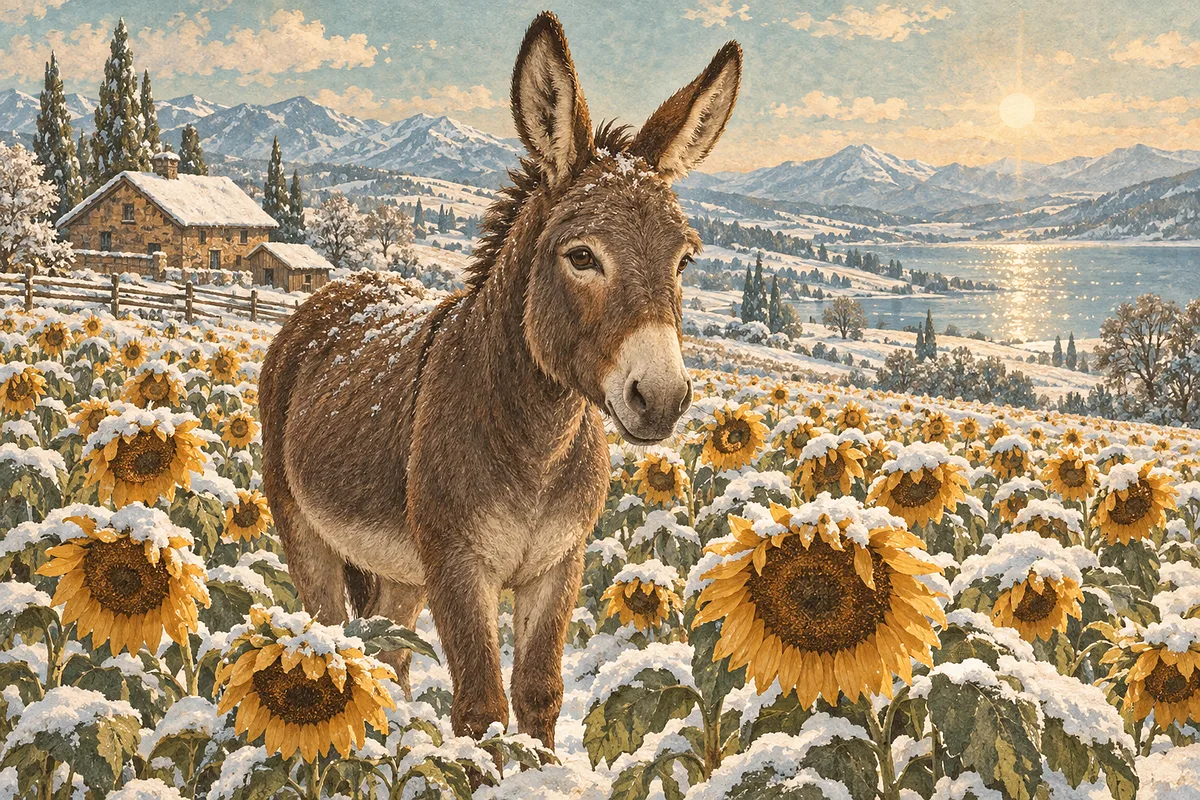 Vintage-style diamond painting kit featuring a donkey in a field of sunflowers with sepia, cream, and faded teal tones.