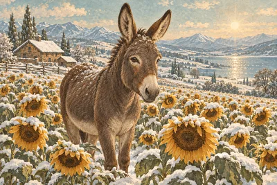 Vintage-style diamond painting kit featuring a donkey in a field of sunflowers with sepia, cream, and faded teal tones.