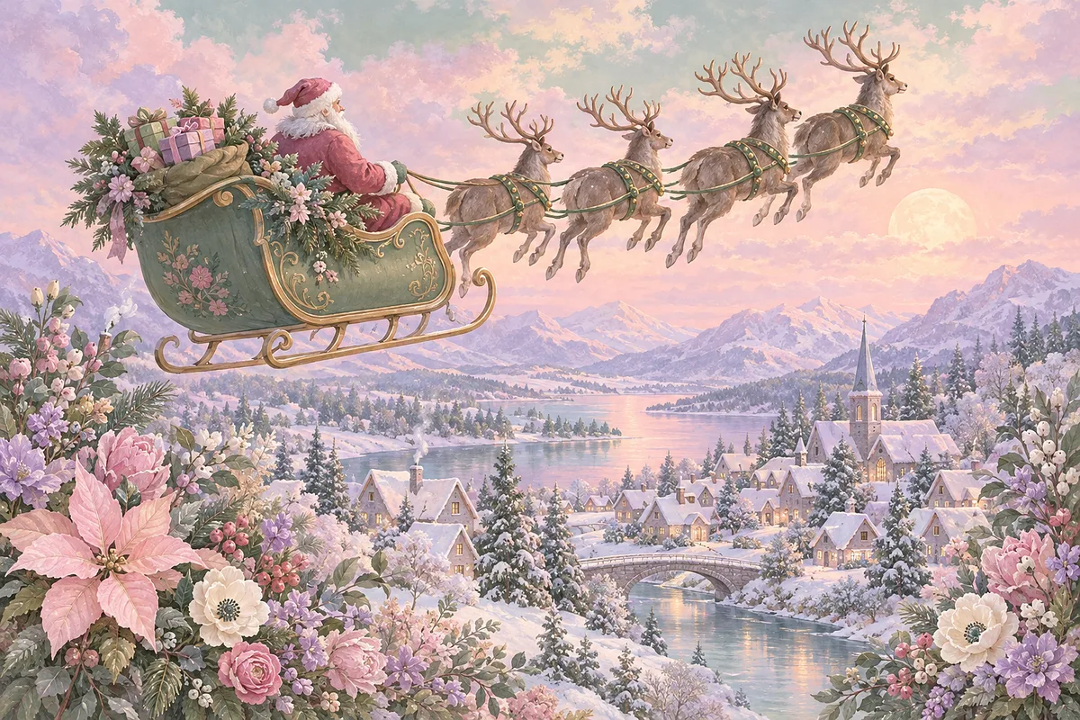 Soft pastel diamond painting of a santa sleigh flying over a snowy village surrounded by colorful flowers, in powder pink, sage green, lavender, and c