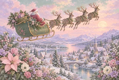 Soft pastel diamond painting of a santa sleigh flying over a snowy village surrounded by colorful flowers, in powder pink, sage green, lavender, and c