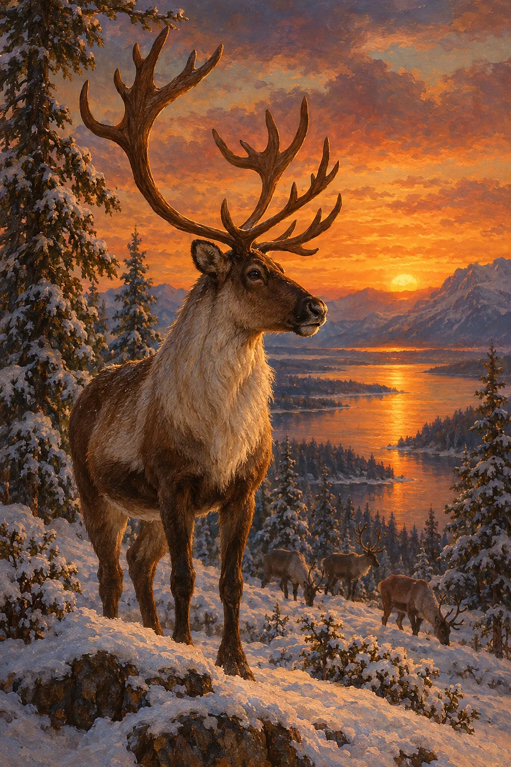 Portrait diamond painting kit depicting a majestic reindeer in a snowy forest at night under a vivid sunset sky, rendered in a classical old-world oil