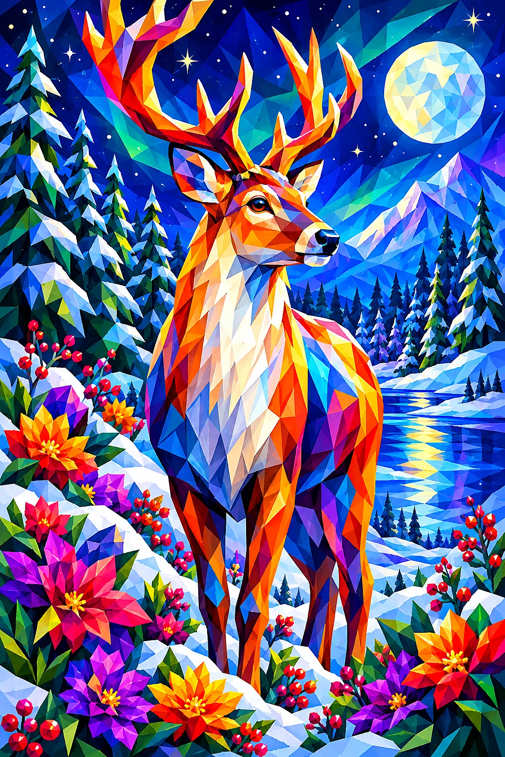 Portrait diamond painting depicting a majestic reindeer standing in a snowy forest at night, surrounded by colorful, faceted low-poly geometric flower