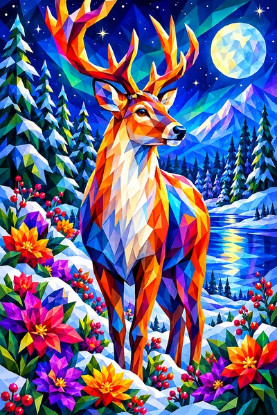 Portrait diamond painting depicting a majestic reindeer standing in a snowy forest at night, surrounded by colorful, faceted low-poly geometric flower