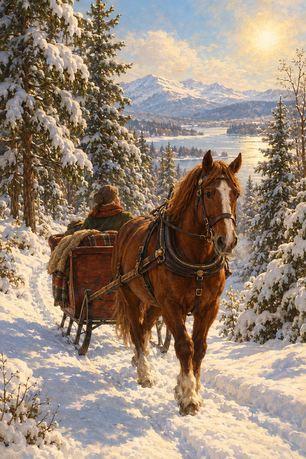 Close-up of a diamond painting kit canvas depicting a horse-drawn sleigh passing through a snow-covered forest with warm, earthy tones and soft shadow