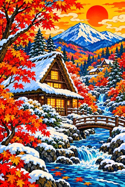 Portrait diamond painting of a cottage in a snowy forest with glowing windows, rendered in a traditional Japanese woodblock print style with bold outl