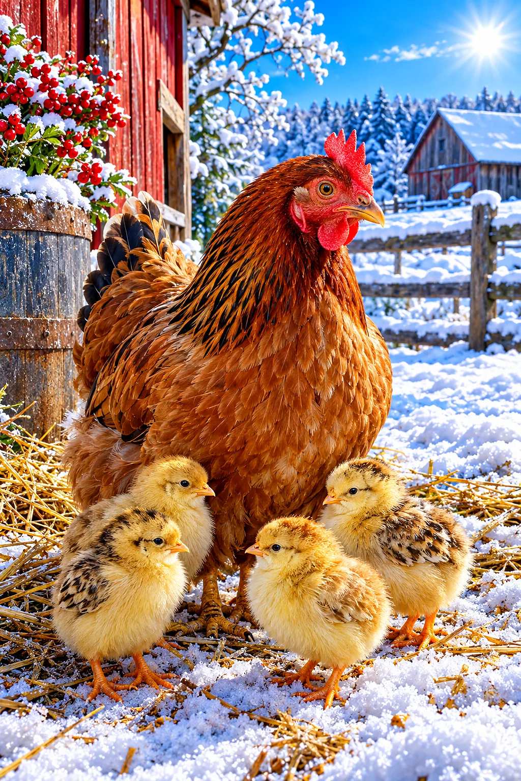 Hyper-detailed photorealistic painting of a hen with several small chicks in a snowy barnyard on a sparkling winter day, with vivid true-to-life color