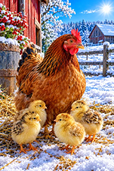 Hyper-detailed photorealistic painting of a hen with several small chicks in a snowy barnyard on a sparkling winter day, with vivid true-to-life color