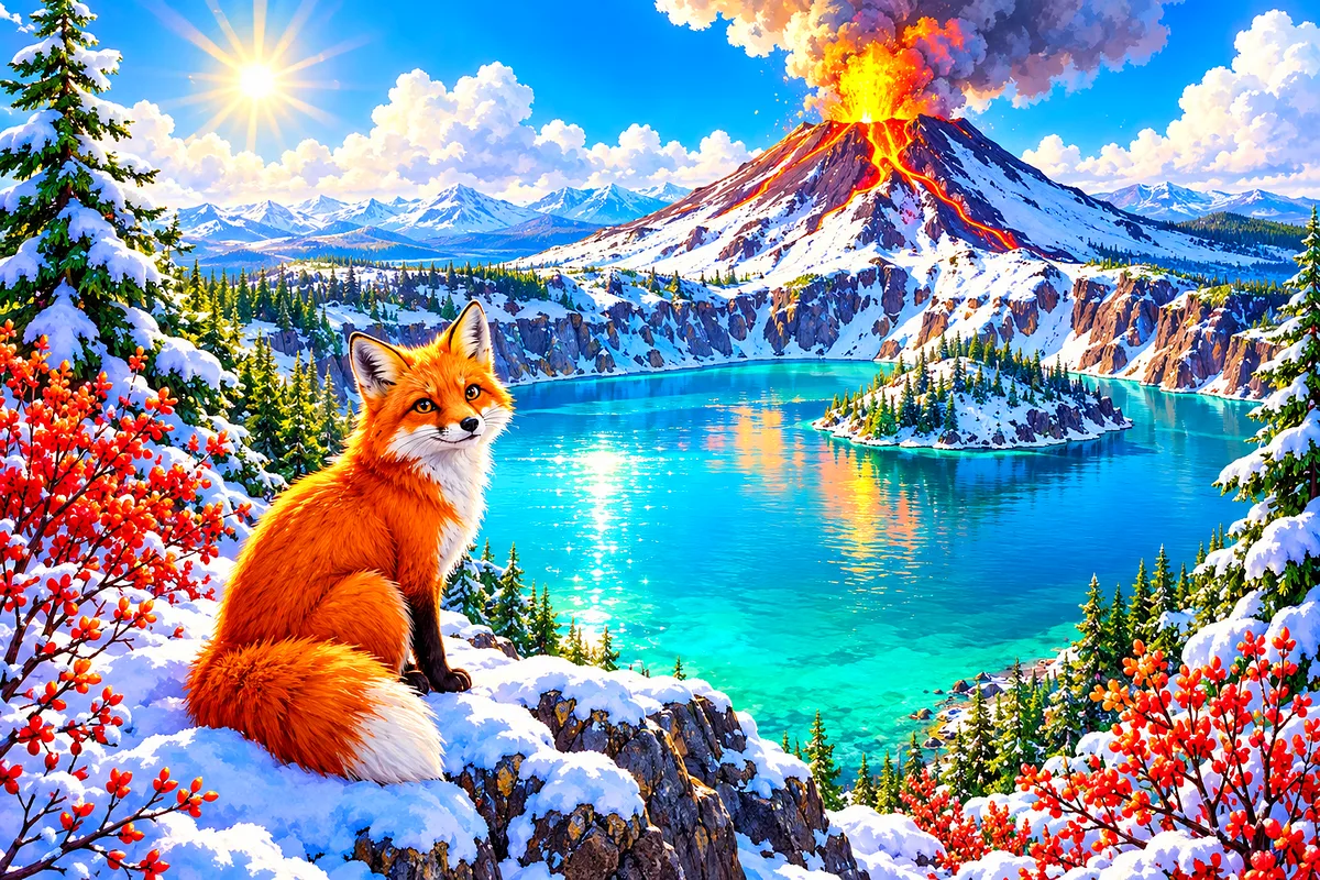 Whimsical storybook illustration of a volcano lake with vibrant turquoise water surrounded by snowy peaks under a glowing sky.
