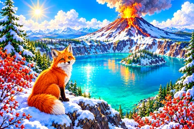 Whimsical storybook illustration of a volcano lake with vibrant turquoise water surrounded by snowy peaks under a glowing sky.