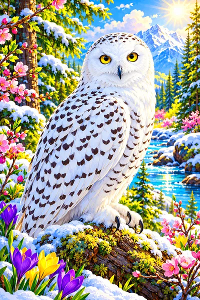 Portrait diamond painting of a snowy owl with bright, colorful feathers and large eyes, perched on a branch in a fantastical, glowing winter forest wi