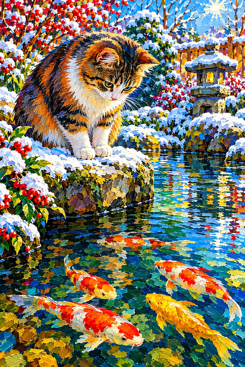Close-up of a bold, impasto-style diamond painting showing a curious cat looking at colorful fish in a frozen garden pond on a sparkling winter day, w