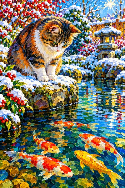 Close-up of a bold, impasto-style diamond painting showing a curious cat looking at colorful fish in a frozen garden pond on a sparkling winter day, w