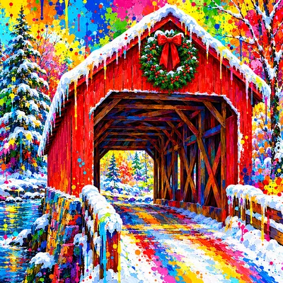 Close-up diamond painting kit of a snowy covered bridge with a festive wreath, vibrant rainbow paint splashes and drips, square orientation.