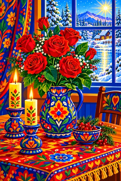 Close-up of a bright folk art diamond painting featuring a vase of roses and a lit candle on a table, all in vivid colors and decorative patterns, wit