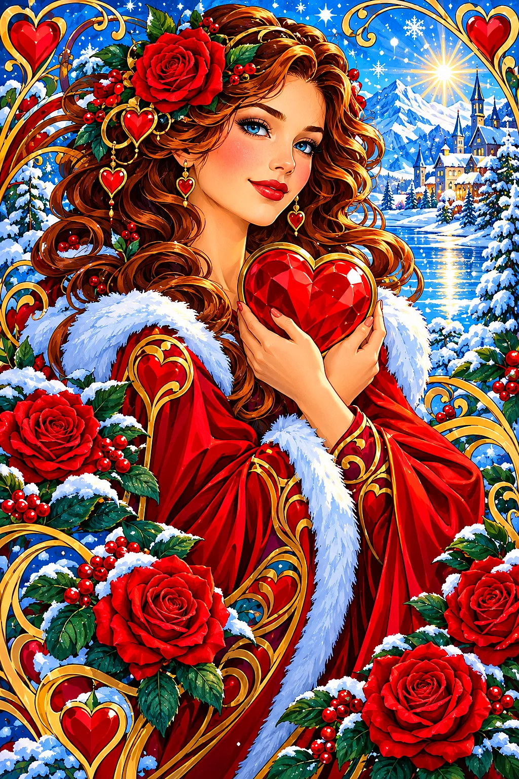 Portrait diamond painting featuring art nouveau style illustration of intertwining red and pink hearts and roses with flowing golden ornamental lines