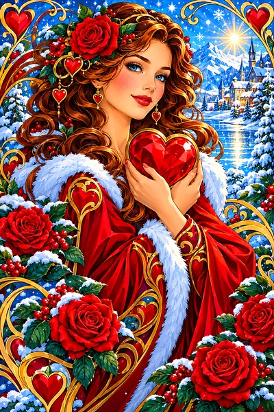 Portrait diamond painting featuring art nouveau style illustration of intertwining red and pink hearts and roses with flowing golden ornamental lines