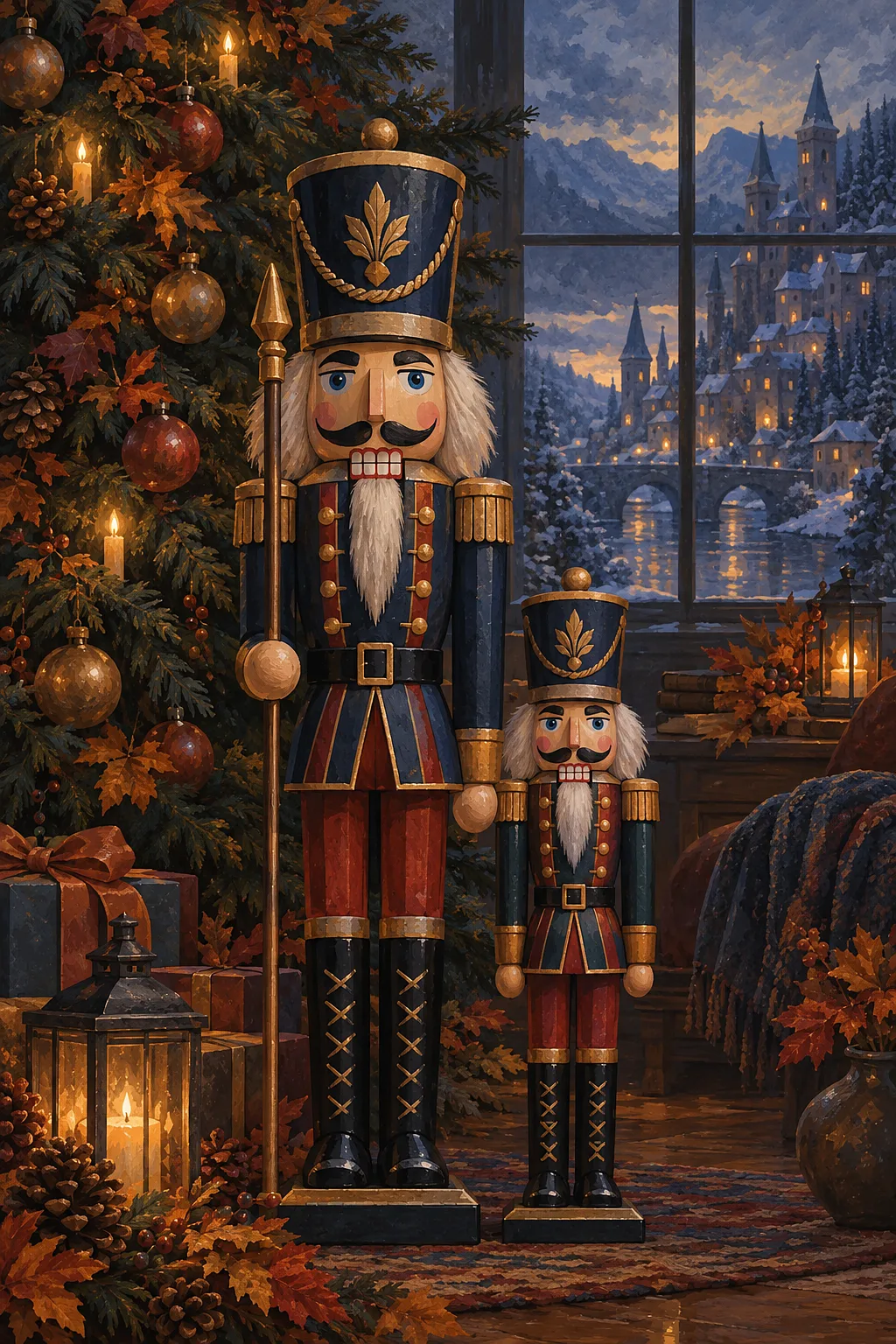Portrait diamond painting kit depicting nutcracker soldiers under a tree in deep muted blues and greys with soft amber light.
