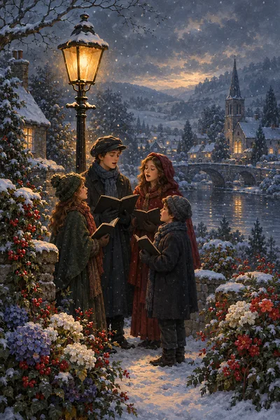 Portrait diamond painting featuring carolers singing under a lamp post in deep blue and grey snow, illuminated by a warm amber light.