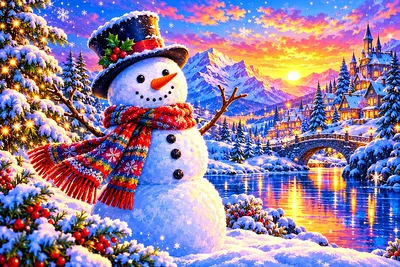 Dreamy fantasy illustration of a snowman in a wide, scenic winter wonderland with glowing lights and magical sparkles, landscape orientation.