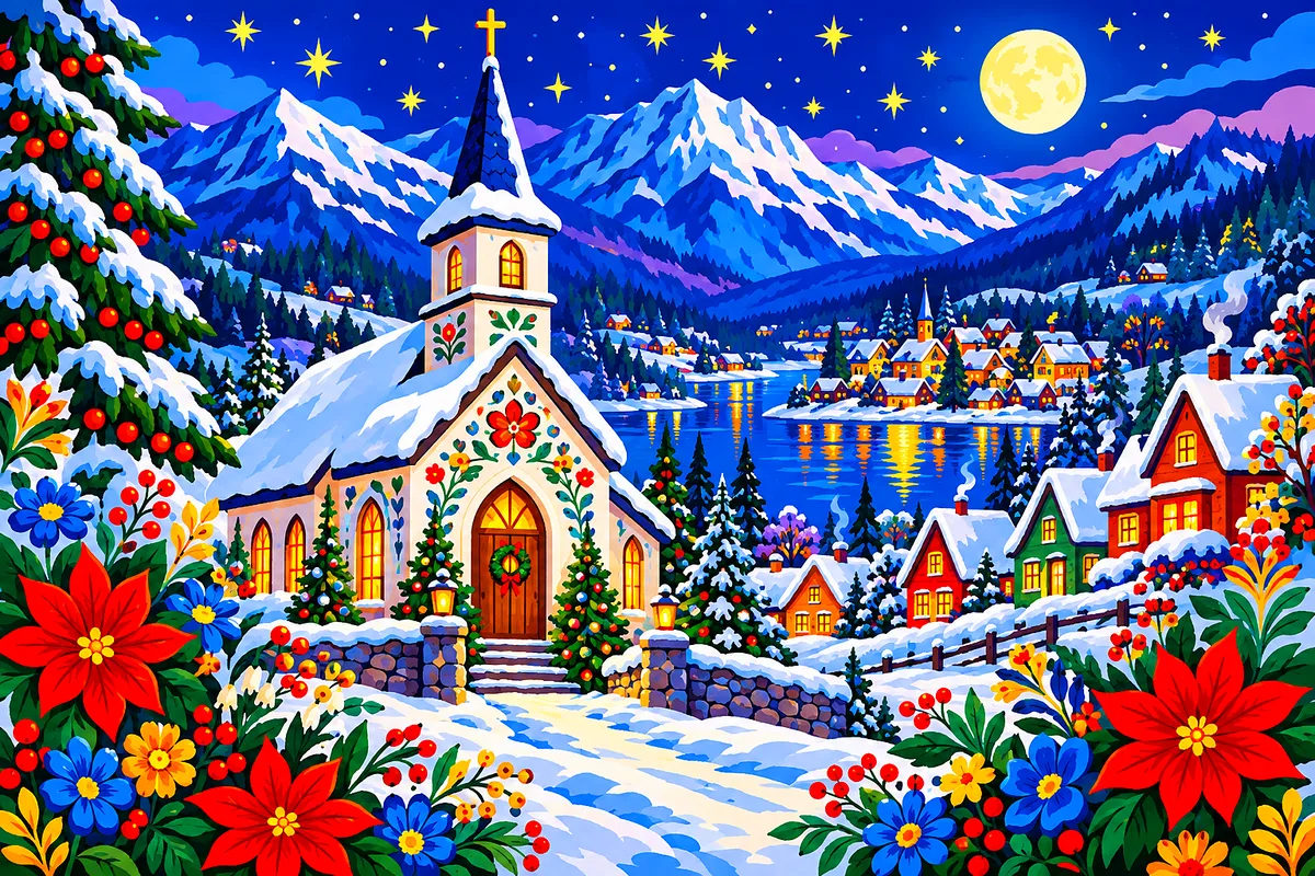 Bright folk art diamond painting depicting a snowy church in a mountain village on Christmas Eve, surrounded by colorful flowers. The landscape canvas