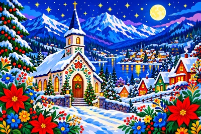 Bright folk art diamond painting depicting a snowy church in a mountain village on Christmas Eve, surrounded by colorful flowers. The landscape canvas