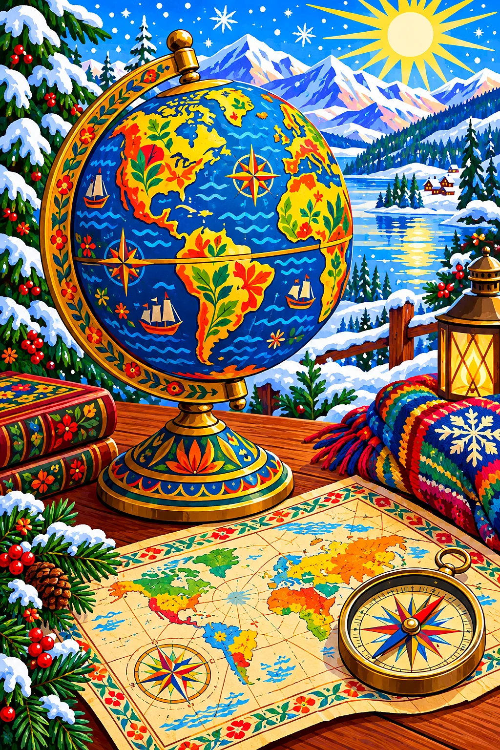 Bright folk art diamond painting of an antique globe and rolled map with a compass, set on a table with a sparkling winter day visible through a windo