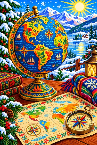 Bright folk art diamond painting of an antique globe and rolled map with a compass, set on a table with a sparkling winter day visible through a windo