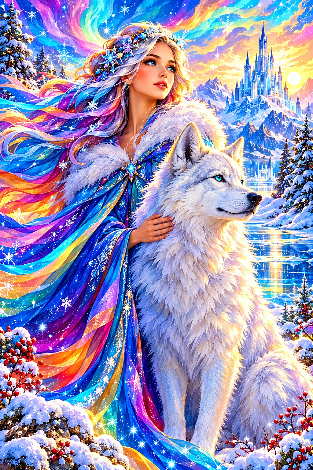Close-up of a finished diamond painting depicting abstract flowing waves of blue, purple, and white with sparkling accents, glowing light, and a magic