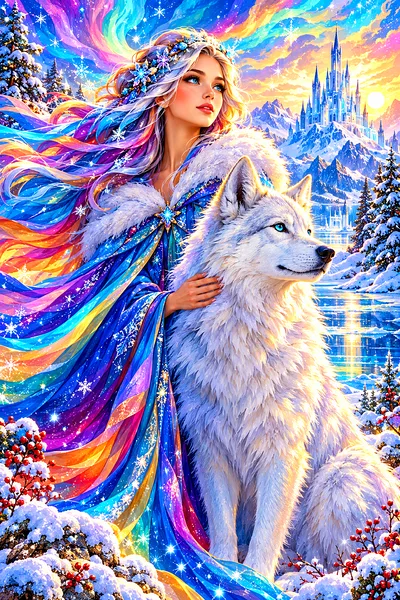 Close-up of a finished diamond painting depicting abstract flowing waves of blue, purple, and white with sparkling accents, glowing light, and a magic