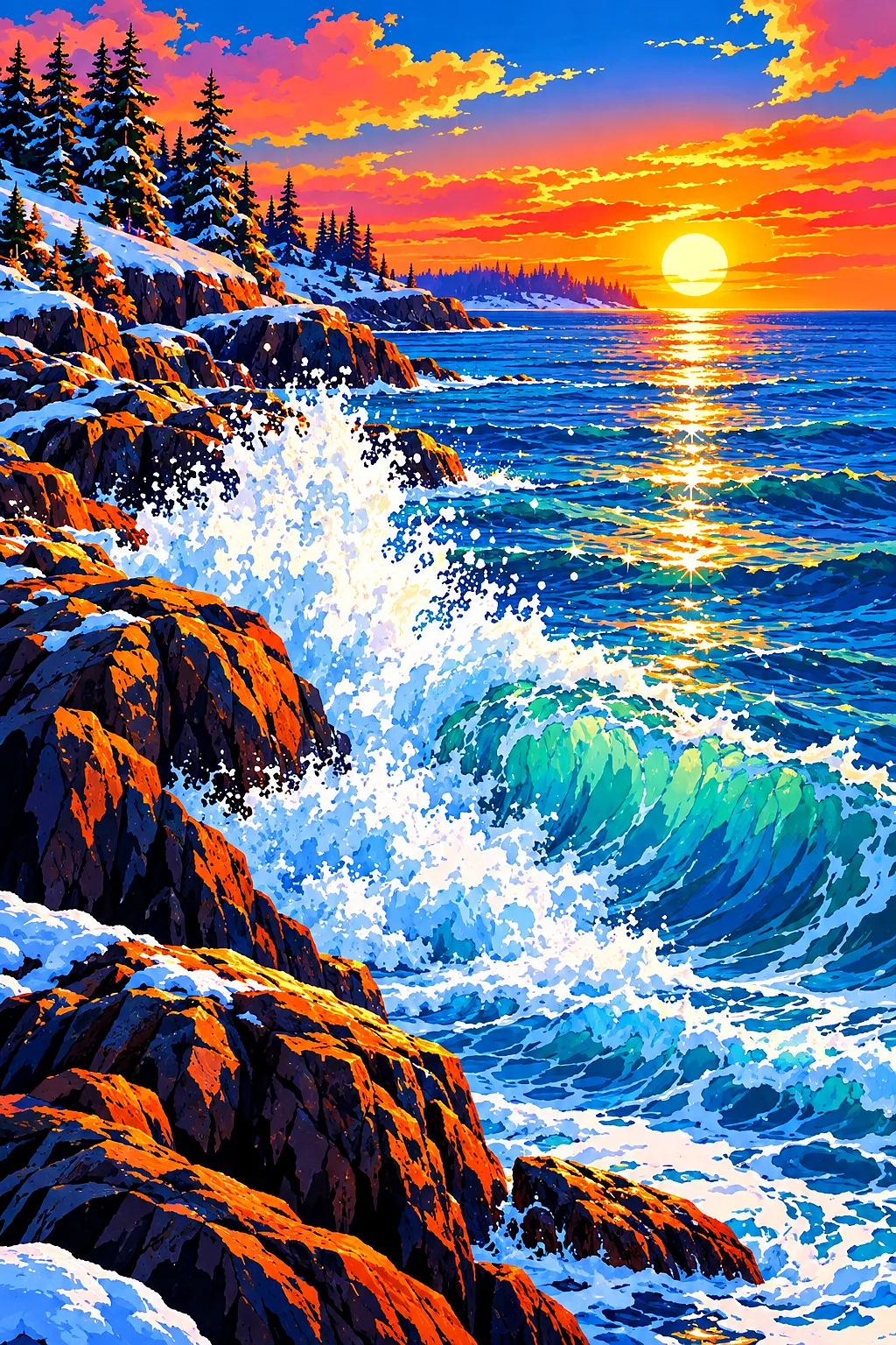 Portrait orientation diamond painting of retro vintage style ocean waves crashing on rocks at sunset on a sparkling winter day, with bold simplified s