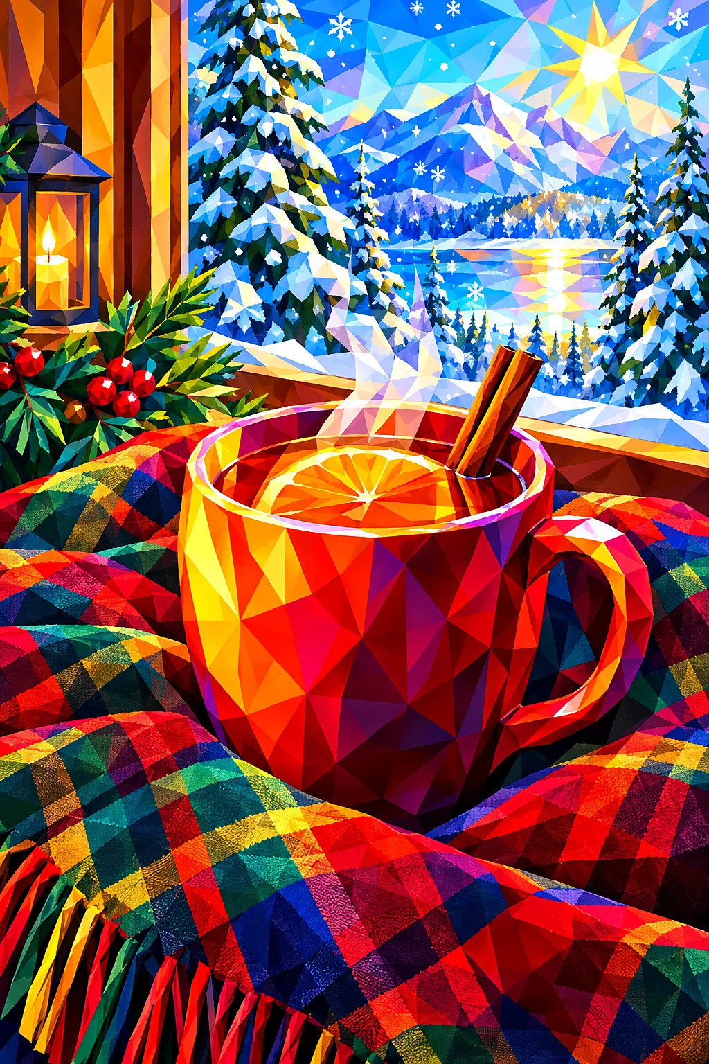 Faceted low-poly geometric diamond painting artwork showing a steaming mug of hot cider and a plaid blanket by a window on a sparkling winter day.