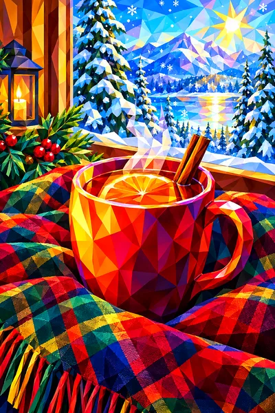 Faceted low-poly geometric diamond painting artwork showing a steaming mug of hot cider and a plaid blanket by a window on a sparkling winter day.