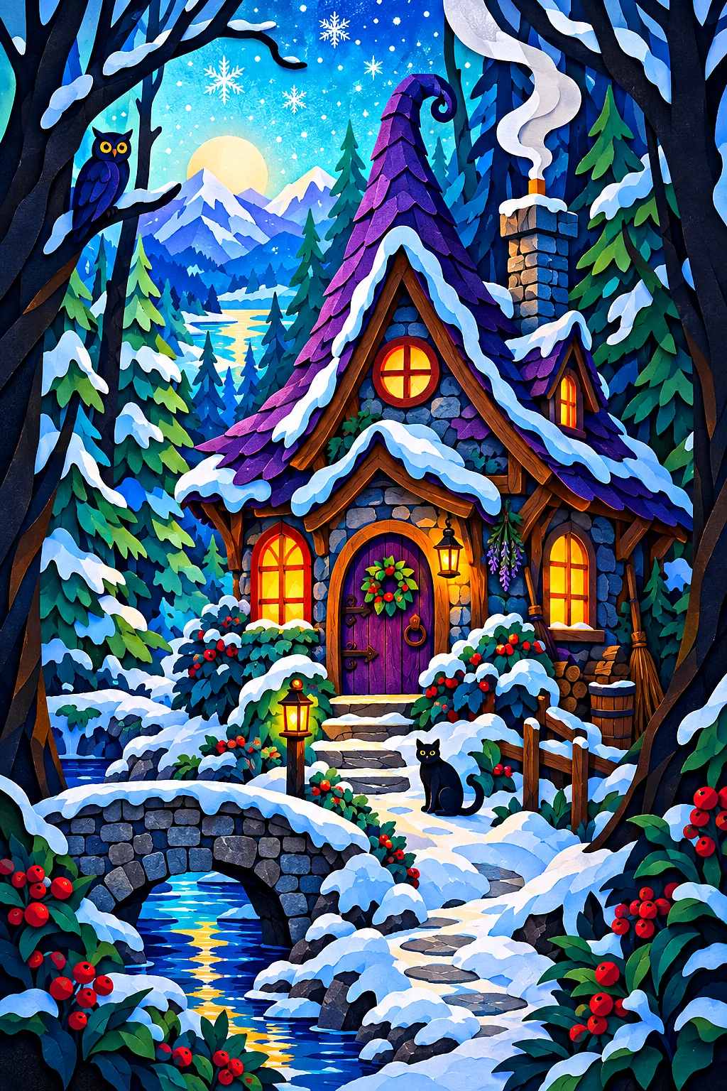 Portrait diamond painting of a cozy witch cottage with smoke curling from its chimney, nestled in a snow-covered dark forest, rendered in a layered pa
