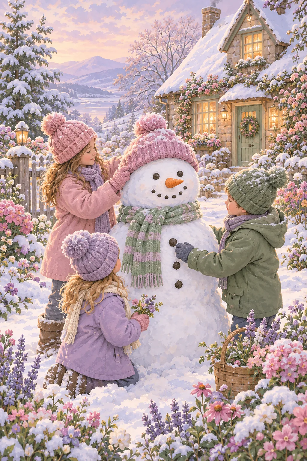 Two children building a snowman with a top hat and carrot nose, next to a glowing cottage with smoke from the chimney, surrounded by colorful pastel f