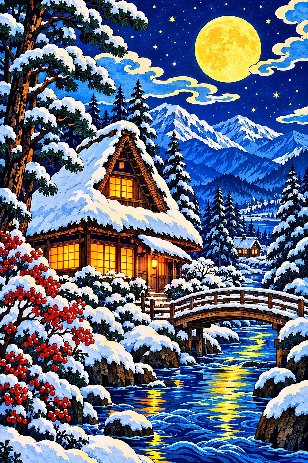A diamond painting depicting a traditional Japanese woodblock print style cottage in a snowy forest with glowing windows under moonlight and stars.