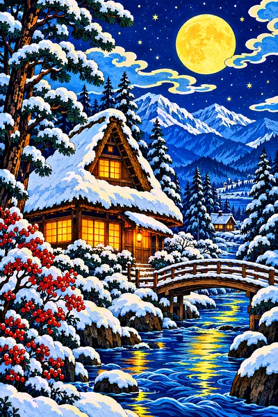 A diamond painting depicting a traditional Japanese woodblock print style cottage in a snowy forest with glowing windows under moonlight and stars.