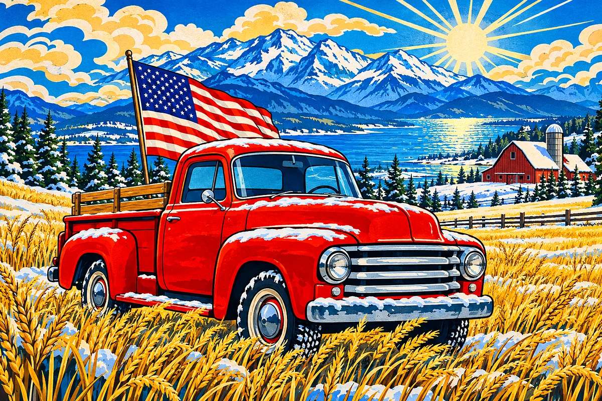 Diamond painting of a red pickup truck with an American flag in a wheat field, in traditional Japanese woodblock print style on a sparkling winter day
