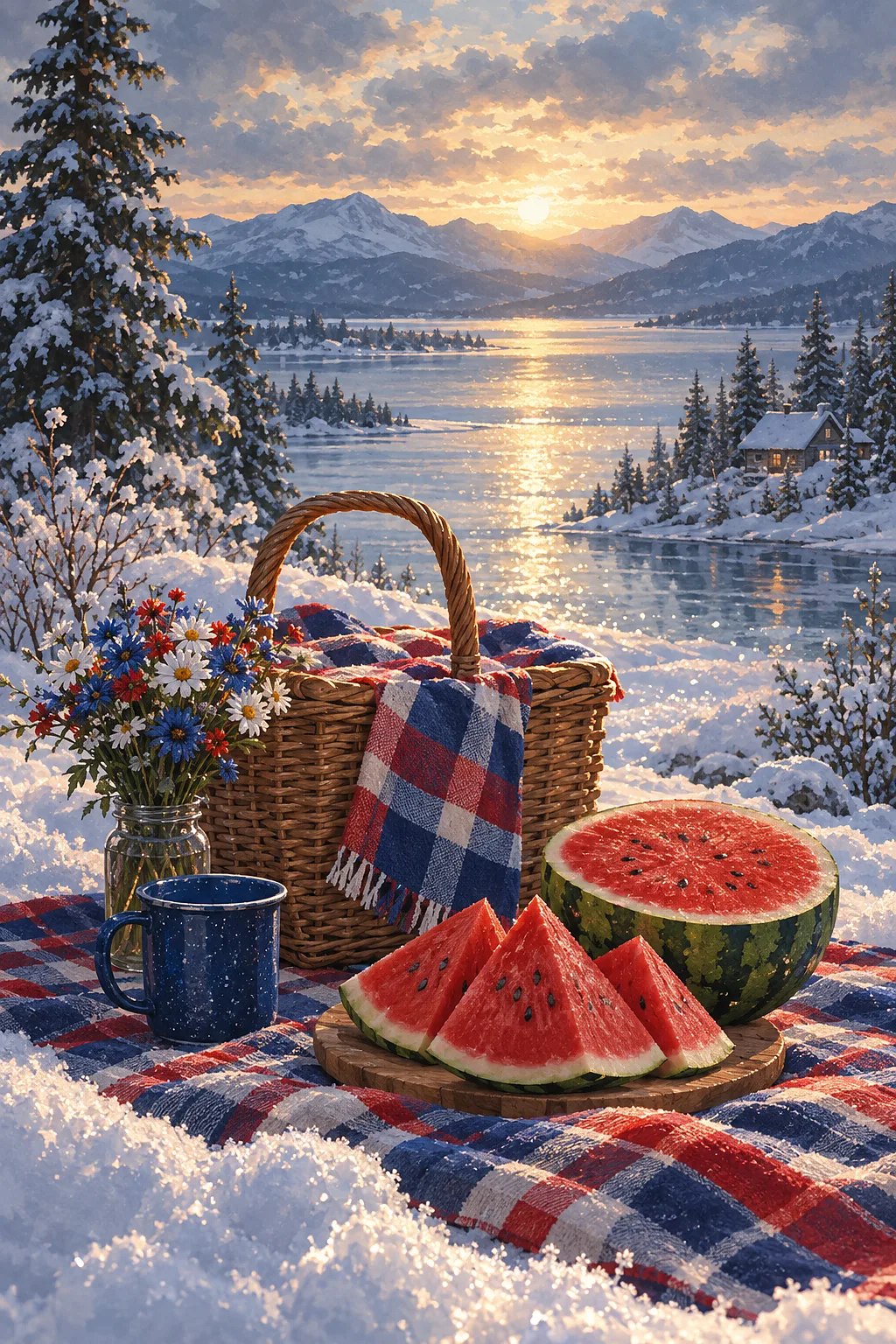 Portrait diamond painting kit canvas featuring a moody atmospheric painting of a red, white, and blue summer picnic with a slice of watermelon, render