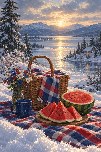 Portrait diamond painting kit canvas featuring a moody atmospheric painting of a red, white, and blue summer picnic with a slice of watermelon, render