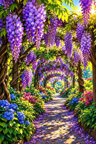 A portrait-oriented diamond painting kit depicting a wisteria tunnel in spring, with lush purple and green flowers, fine botanical details, and dramat