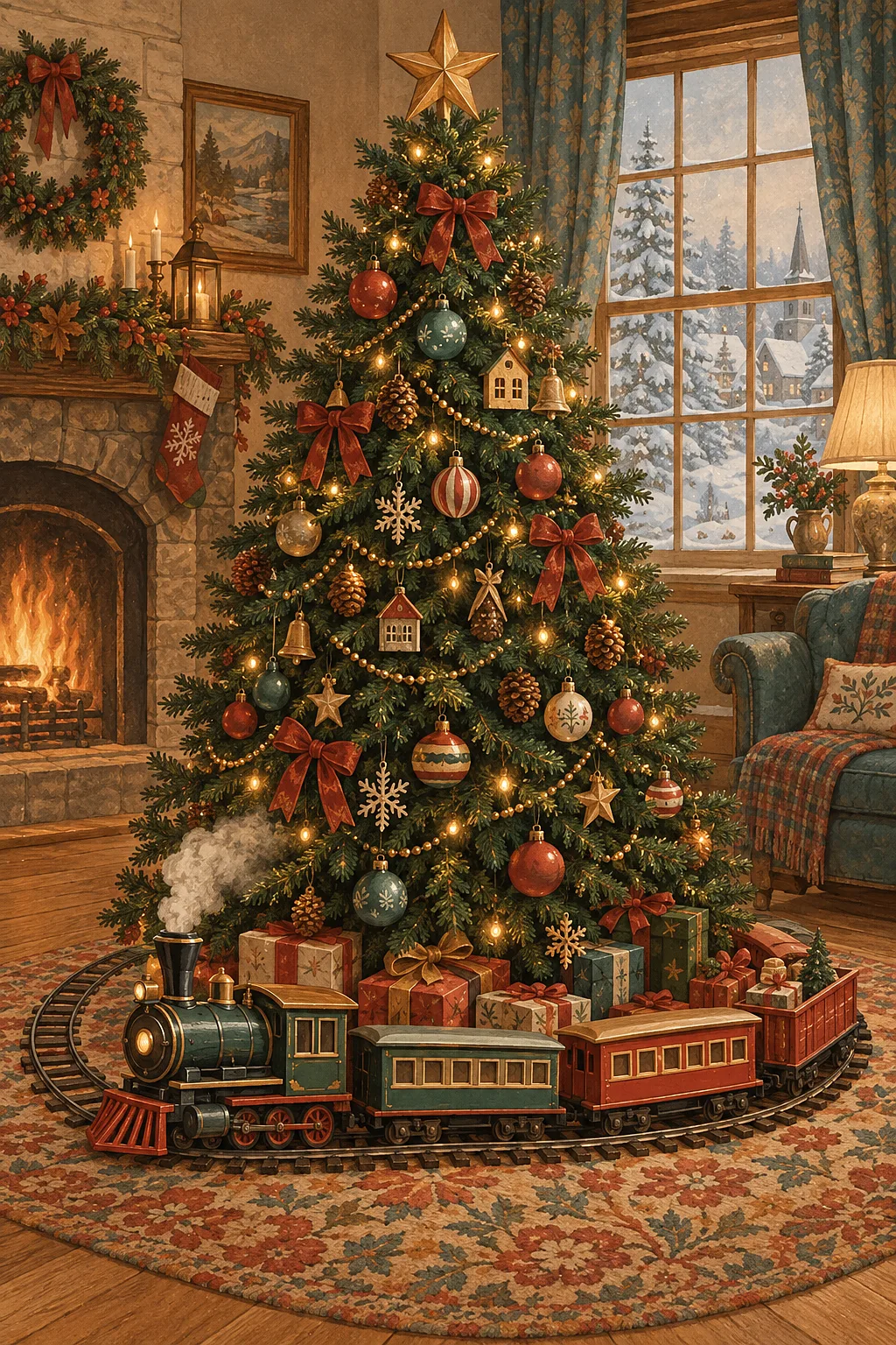 Vintage-style diamond painting kit featuring an old-fashioned Christmas train with a smoking smokestack, circling a decorated Christmas tree, with ric