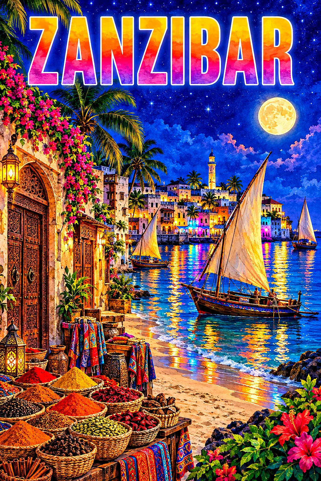 Portrait diamond painting of a Zanzibar stone town beach at night with wooden dhows, carved doors, spice stalls, palm trees, a glowing moon, stars, wa