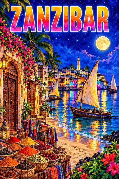 Portrait diamond painting of a Zanzibar stone town beach at night with wooden dhows, carved doors, spice stalls, palm trees, a glowing moon, stars, wa