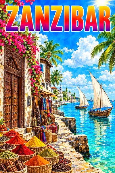 Portrait diamond painting of a sunny Zanzibar beach with wooden dhow sailboats, palm trees, and historic stone buildings with carved doors, in a lumin