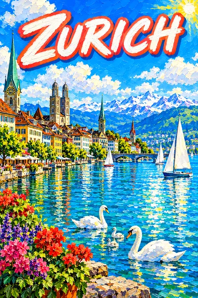 Portrait diamond painting kit featuring a bright, sun-drenched Swiss city with church spires, swans, sailboats, a vivid blue sky, fluffy white clouds,