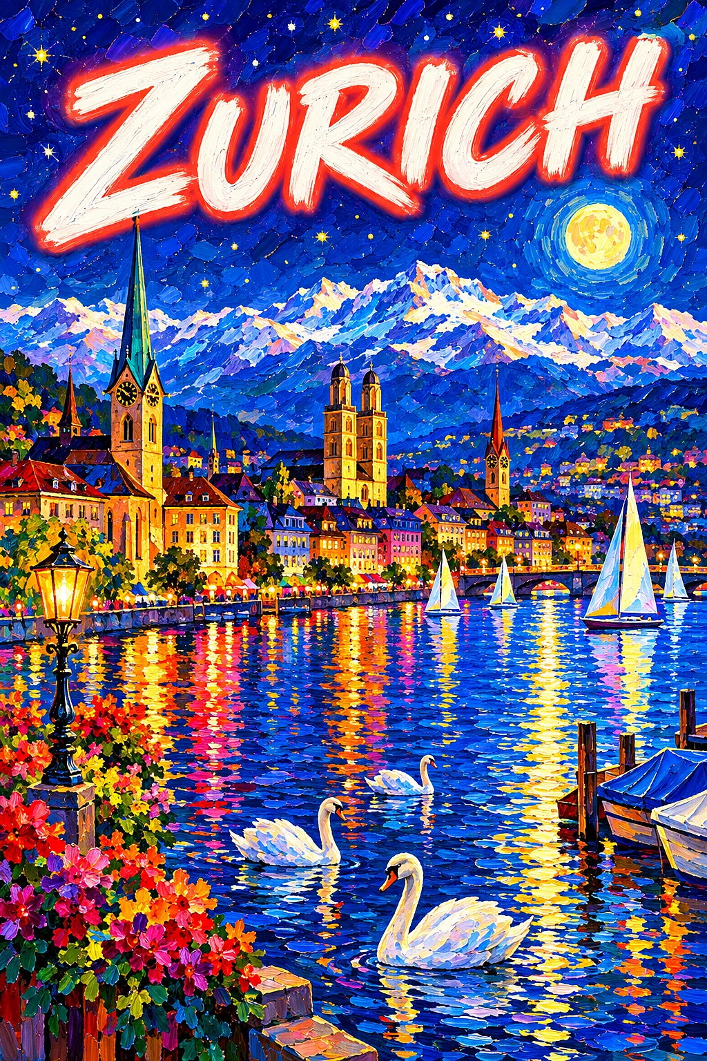 Portrait diamond painting kit showing Zurich by Night with church spires, swans, sailboats, snowy alps, and glowing city lights reflecting on the lake