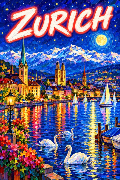 Portrait diamond painting kit showing Zurich by Night with church spires, swans, sailboats, snowy alps, and glowing city lights reflecting on the lake